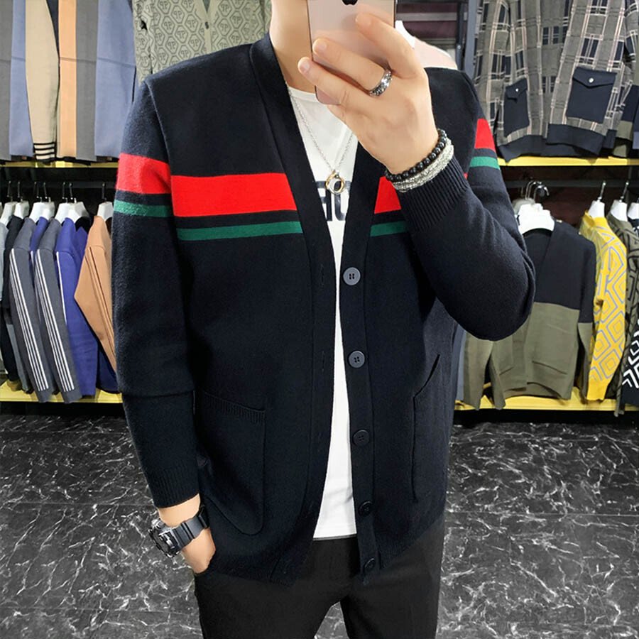 Men's Casual Knitted Cardigan Top Black M