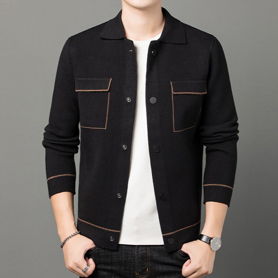 Men's Casual Knitted Cardigan Top Black 2XL
