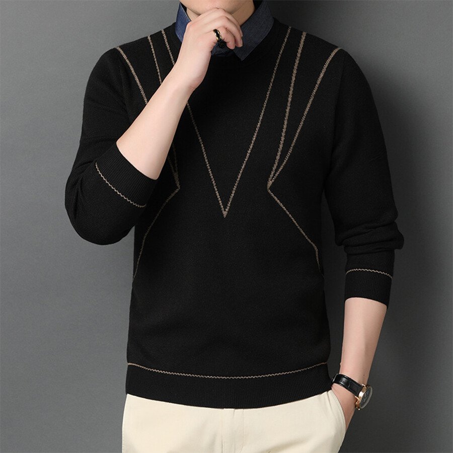 Men's Casual Knit Sweater Fake Two-Piece Top Black 2XL