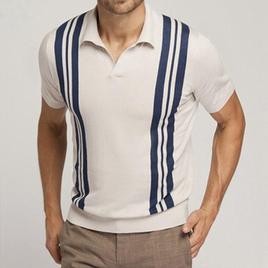 Men's striped color-block short-sleeved sweater T-shirt Beige S