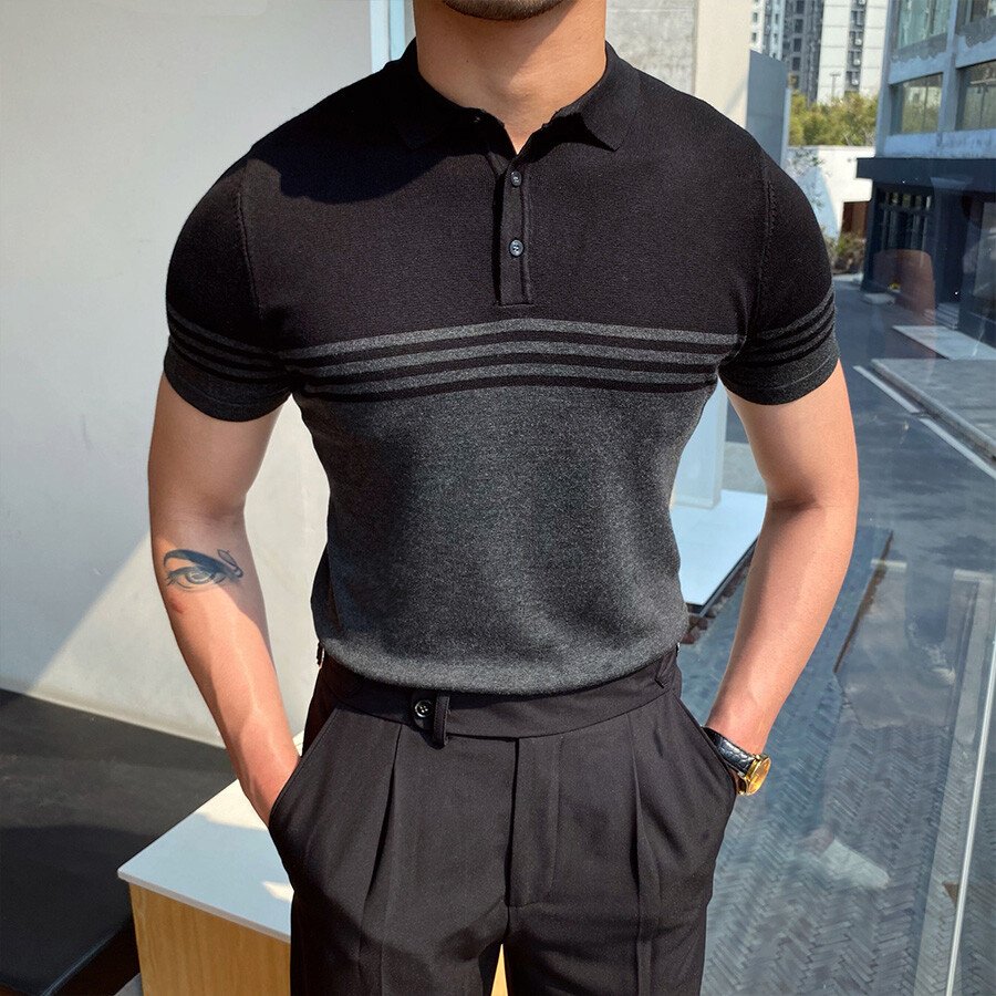 Men's Casual Striped Colorblock Short Sleeve Knit T-Shirt Black M