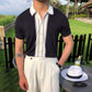 Men's Casual Striped Colorblock Short Sleeve Knit T-Shirt Black XL