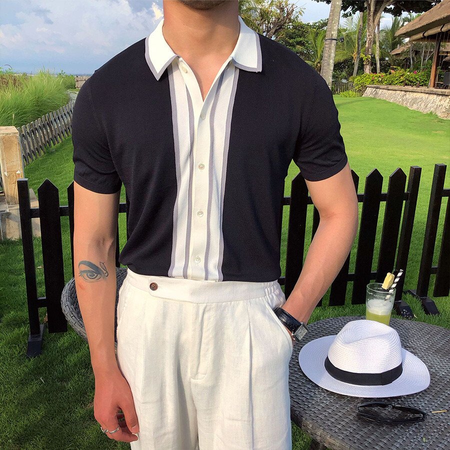 Men's Casual Striped Colorblock Short Sleeve Knit T-Shirt Black XL