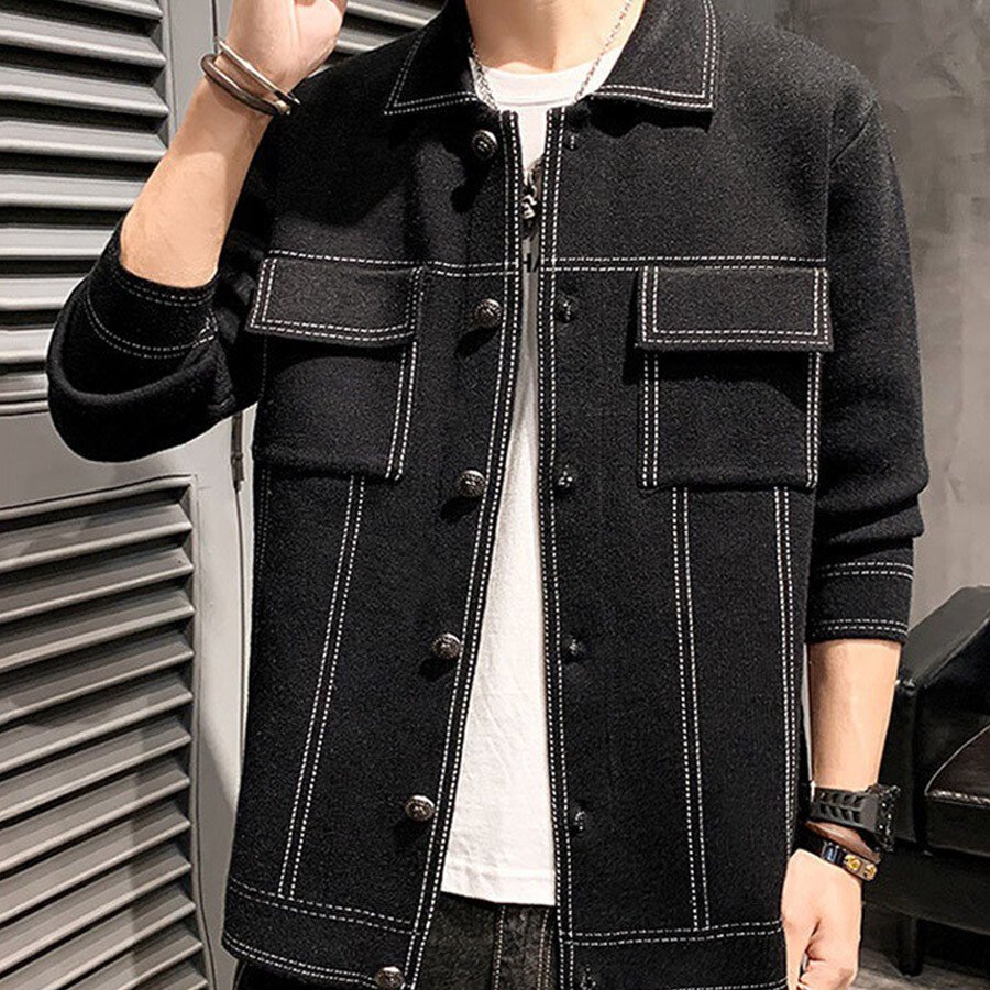 Men's Casual Knitted Cardigan Top Black L