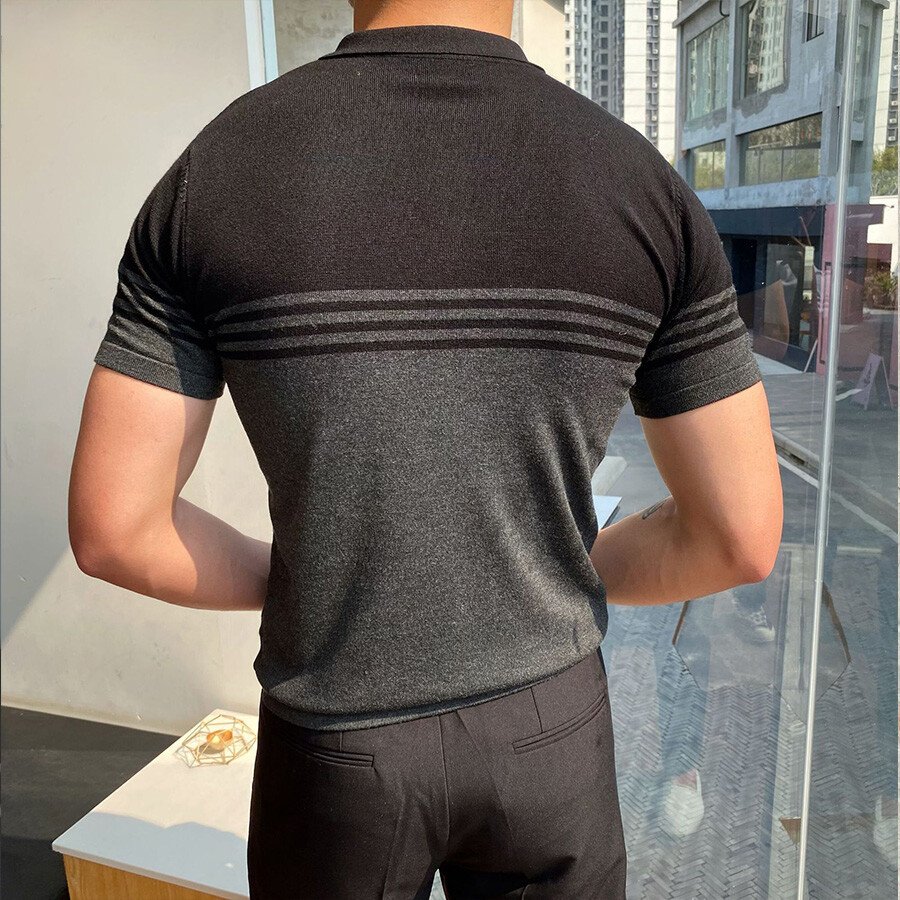 Men's Casual Striped Colorblock Short Sleeve Knit T-Shirt Black 2XL