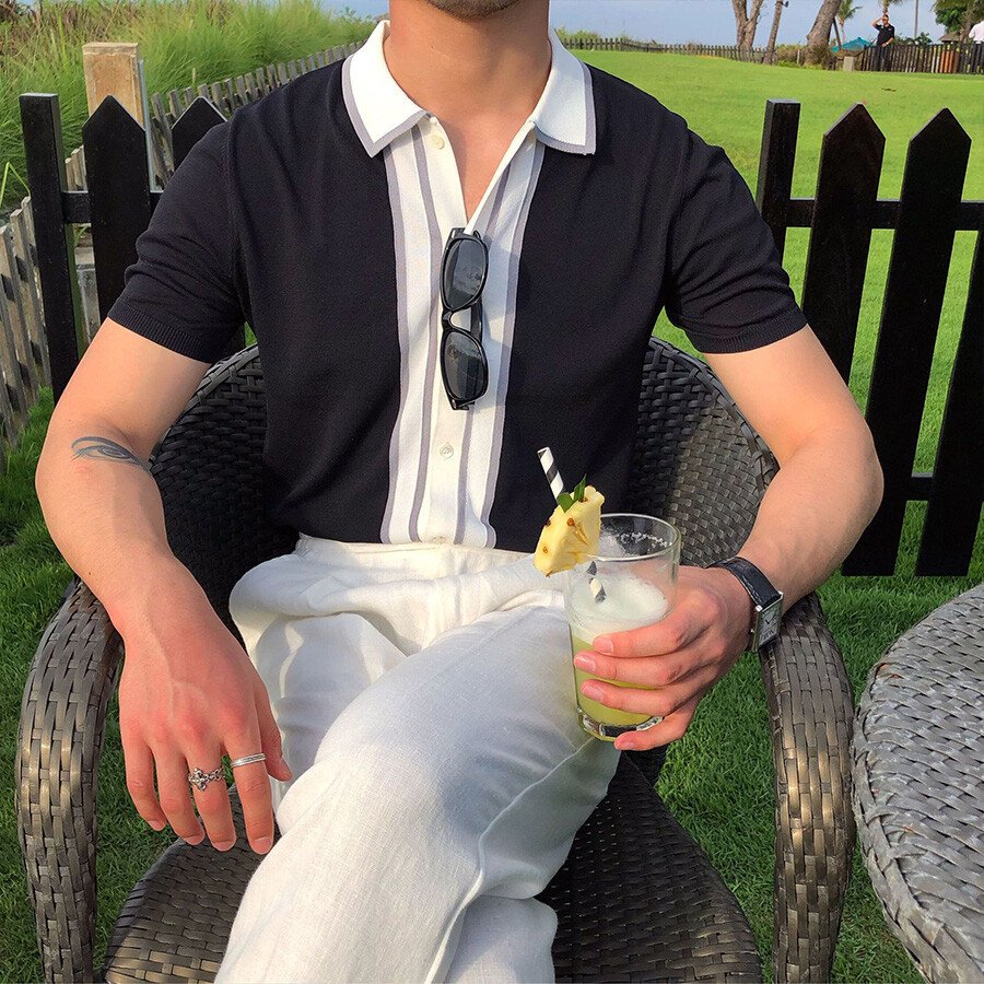 Men's Casual Striped Colorblock Short Sleeve Knit T-Shirt Black M