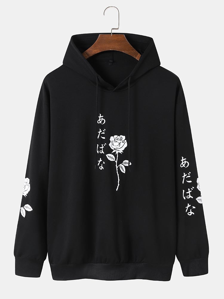 Mens Rose Japanese Character Print Cotton Casual Drawstring Overhead Hoodies