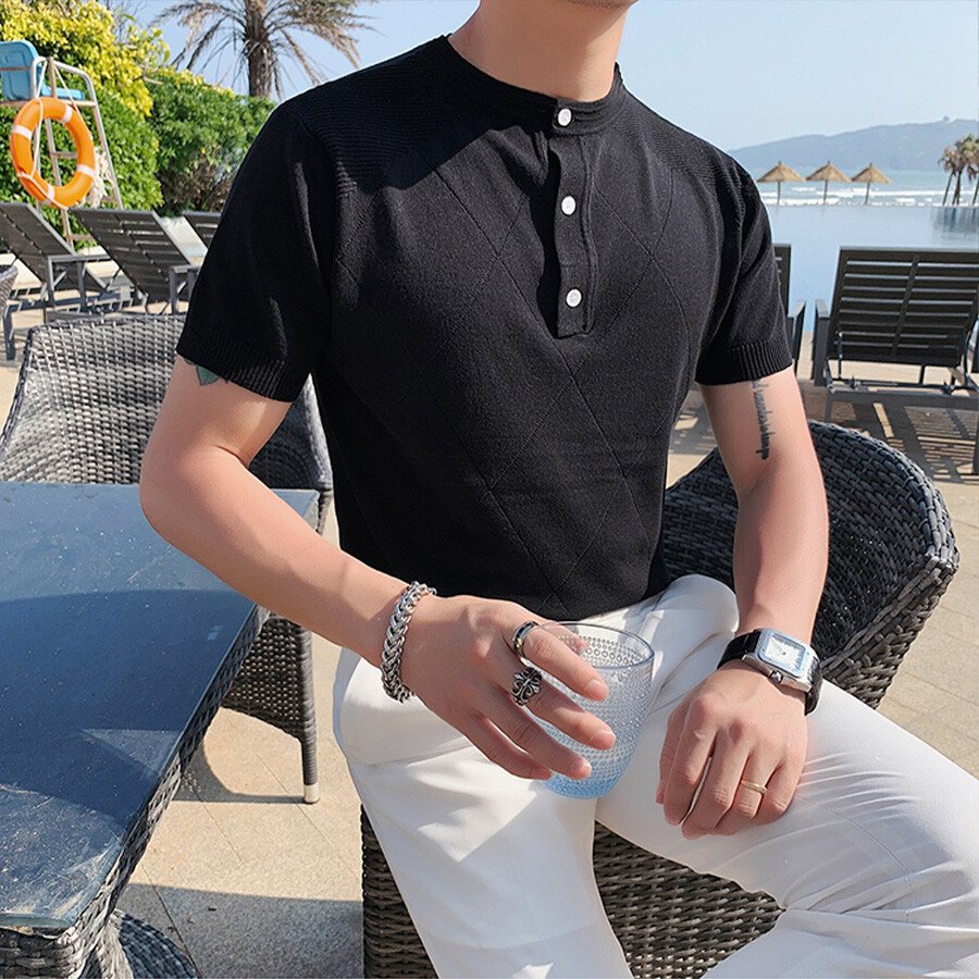 Men's Solid Color Short-Sleeved Sweater T-Shirt Black M
