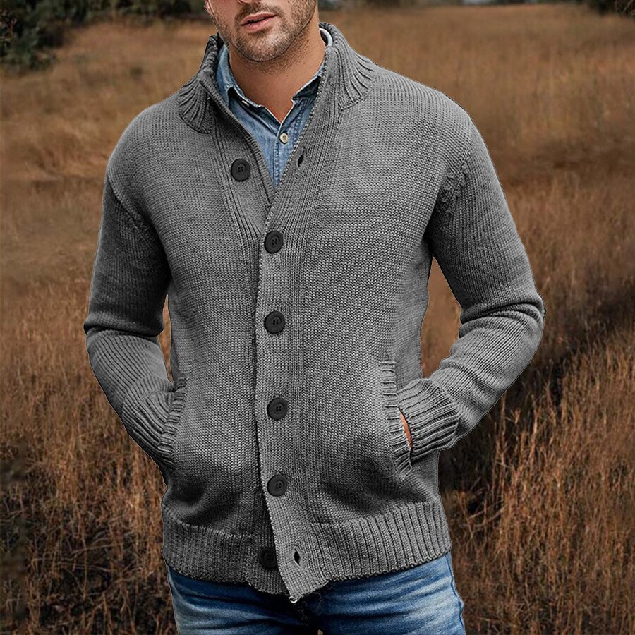Men's Casual Solid Color Sweater Cardigan Jacket Brown M