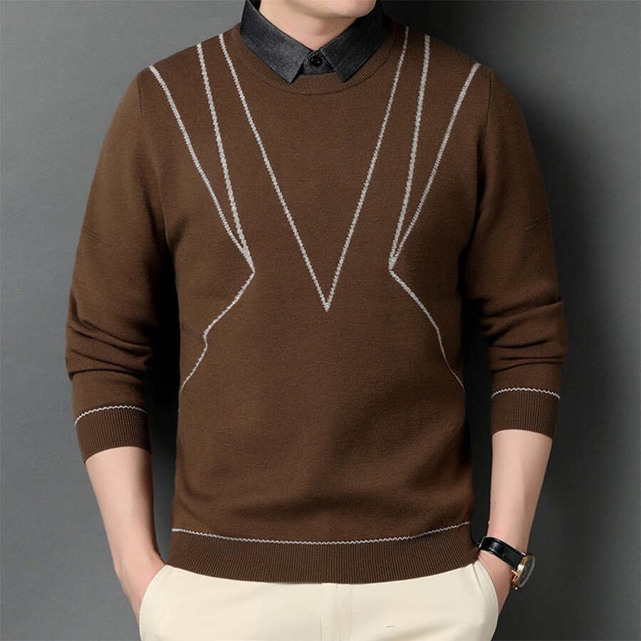 Men's Casual Knit Sweater Fake Two-Piece Top Black L