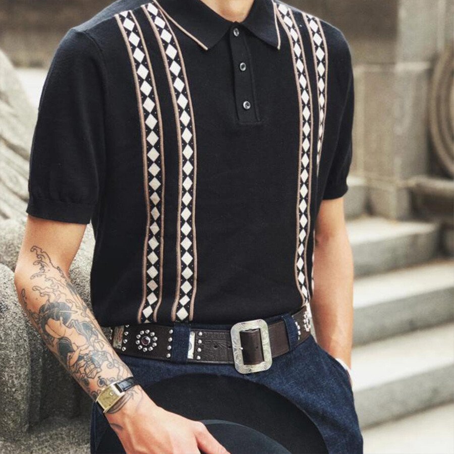 Men's Casual Jacquard Short Sleeve Knit T-Shirt Black M