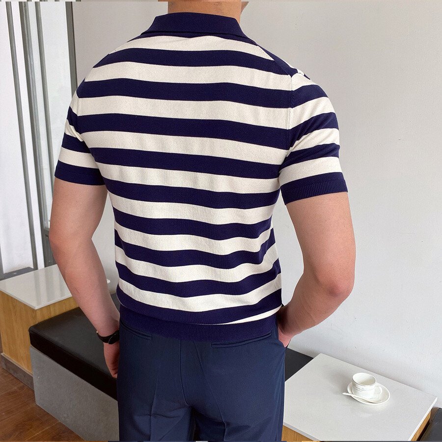 Men's Casual Striped Short Sleeve Knit T-Shirt Dark Blue 2XL