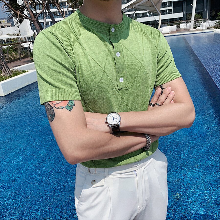Men's Solid Color Short-Sleeved Sweater T-Shirt White M