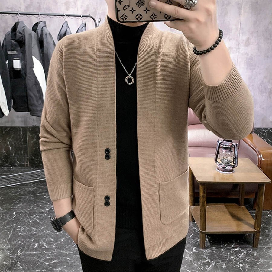 Men's Casual Knitted Cardigan Top Black 2XL