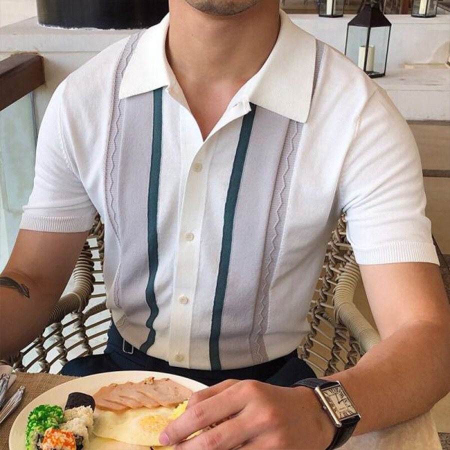Men's Casual Striped Colorblock Short Sleeve Knit T-Shirt White M