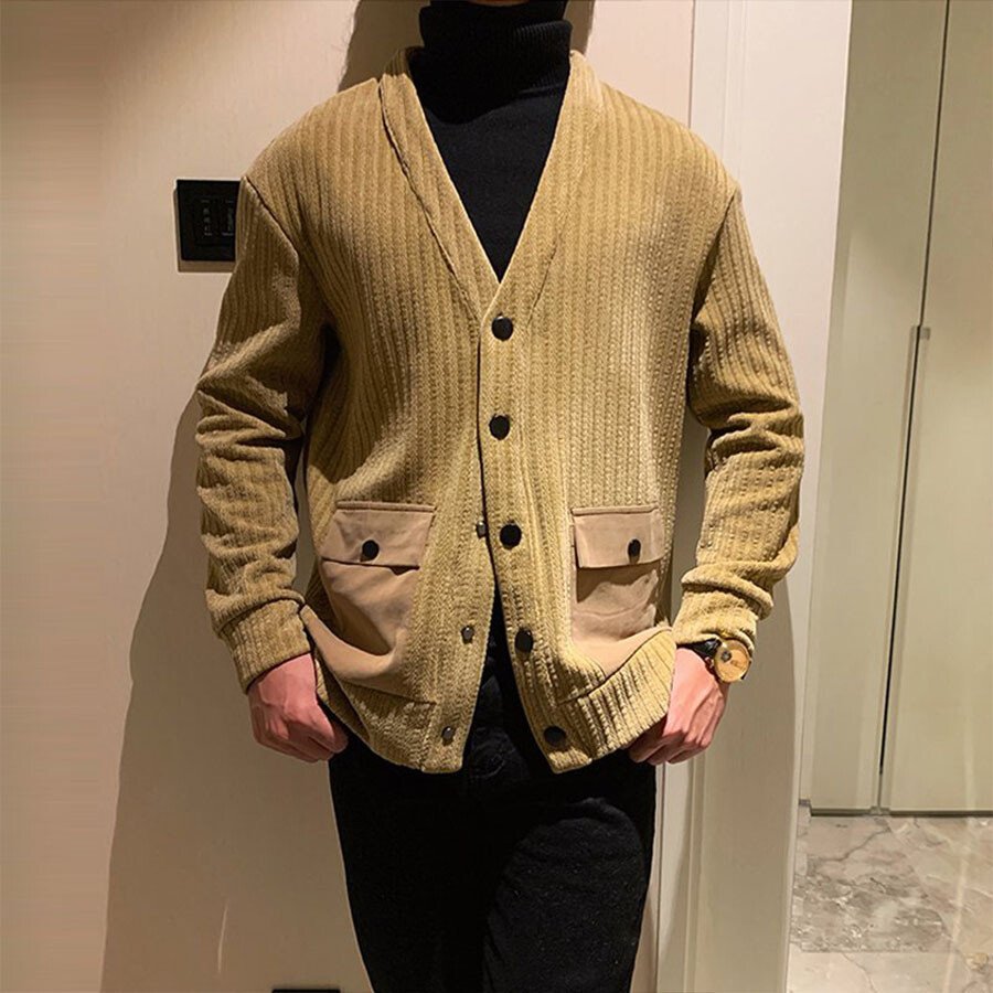 Men's Casual Knitted Cardigan Top Khaki M