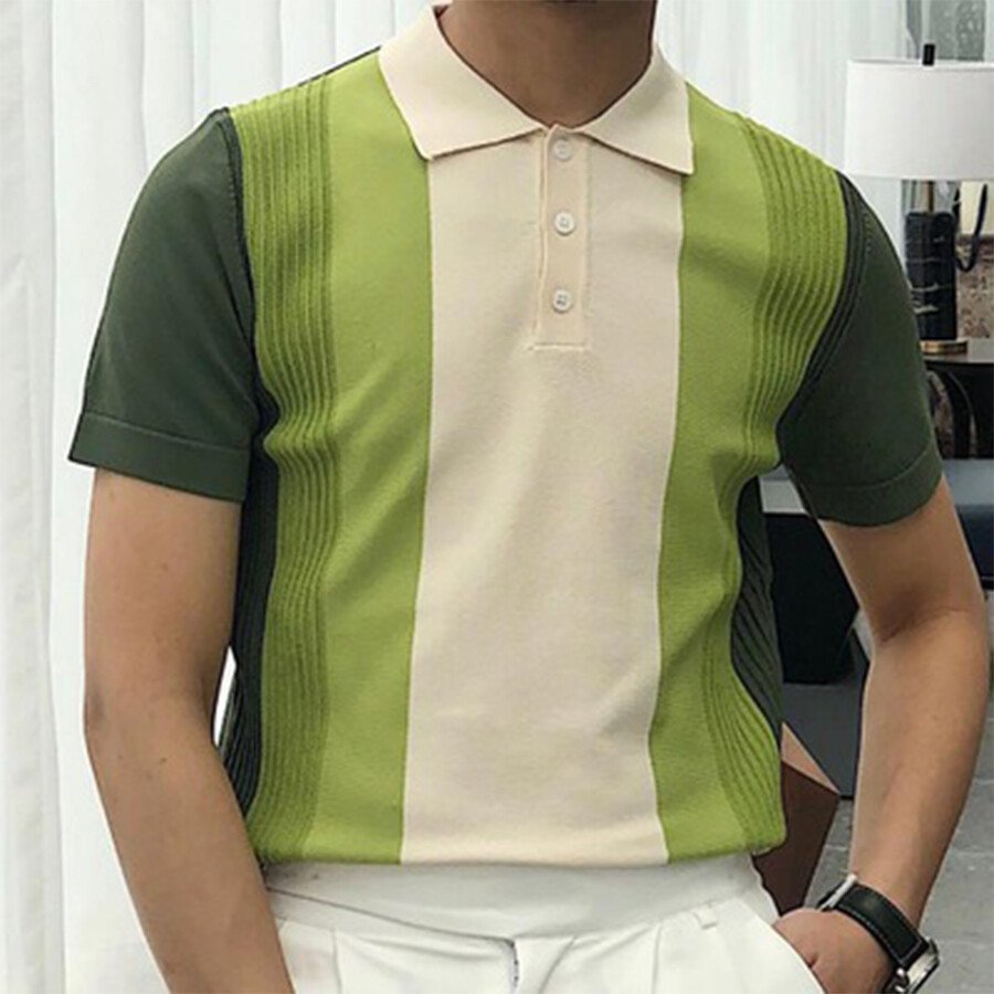 Men's striped color-block short-sleeved sweater T-shirt Green S