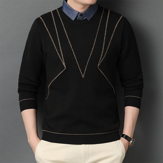 Men's Casual Knit Sweater Fake Two-Piece Top Black M