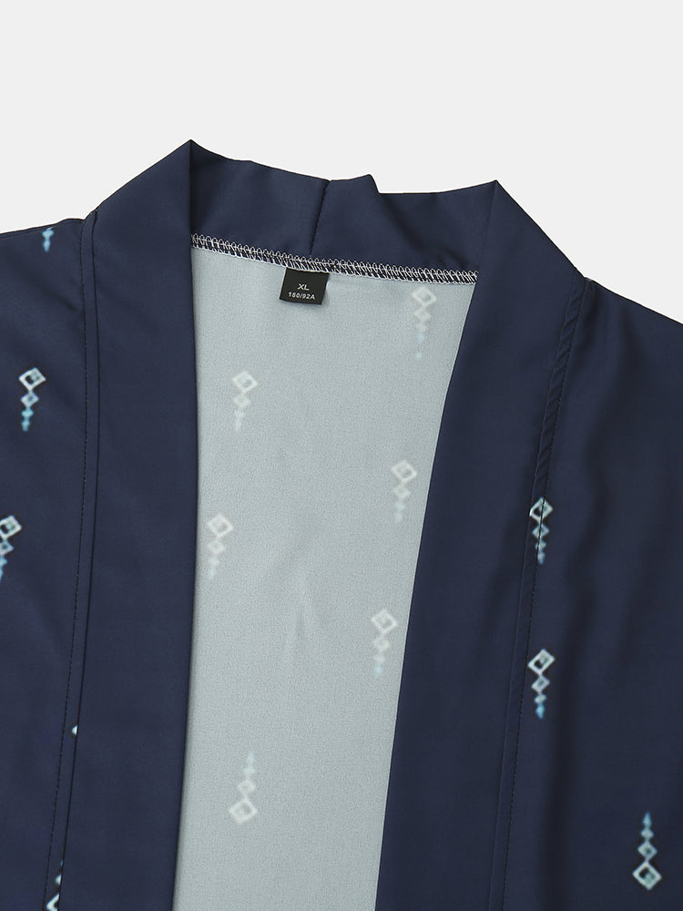 Mens Ethnic Style Geo Print Open Front Kimono Cropped Two Pieces Outfits