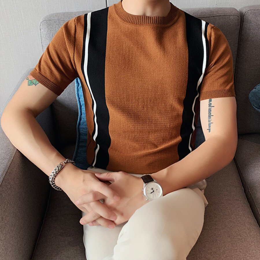 Men's Casual Striped Colorblock Short Sleeve Knit T-Shirt White M