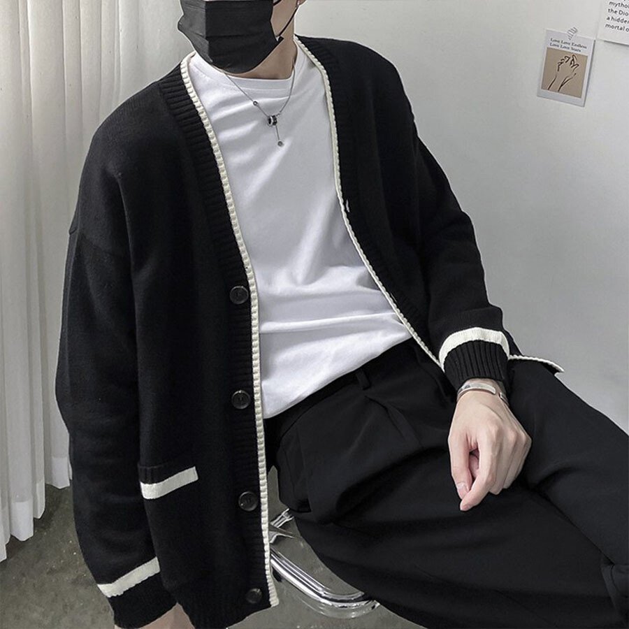 Men's Casual Knitted Cardigan Top Black L