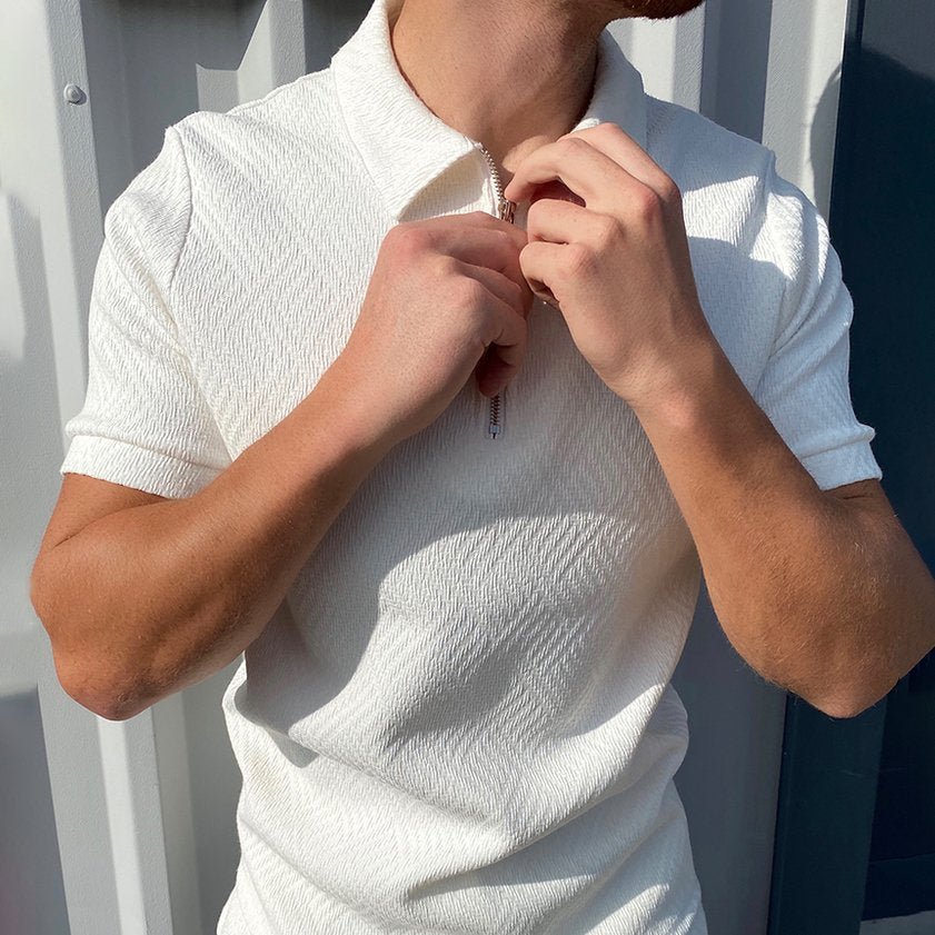 Herringbone Jacquard Zip-up Polo Shirt