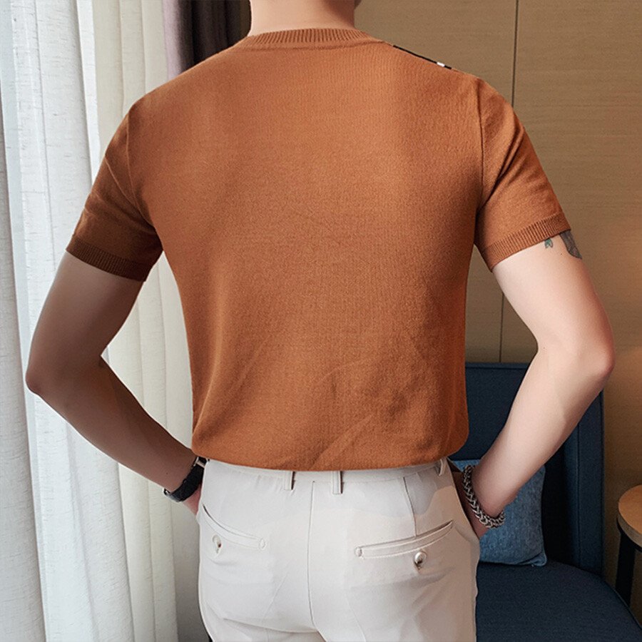 Men's Casual Striped Colorblock Short Sleeve Knit T-Shirt White L
