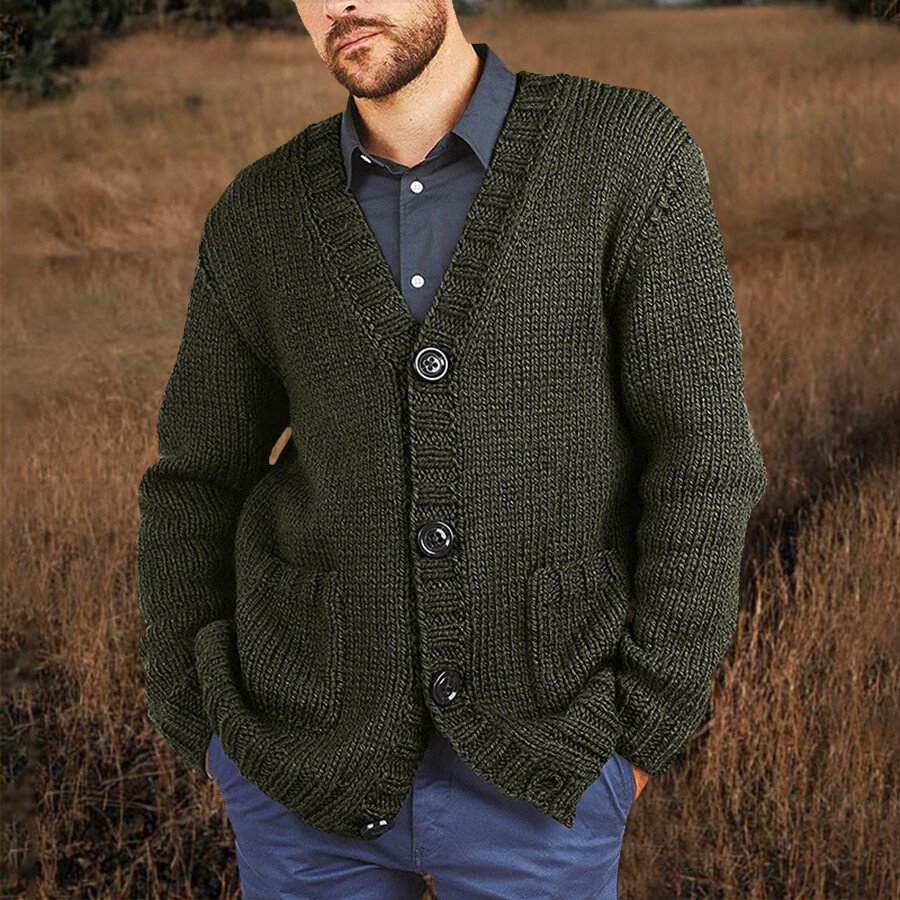 Men's Casual Solid Color Sweater Cardigan Jacket Black L