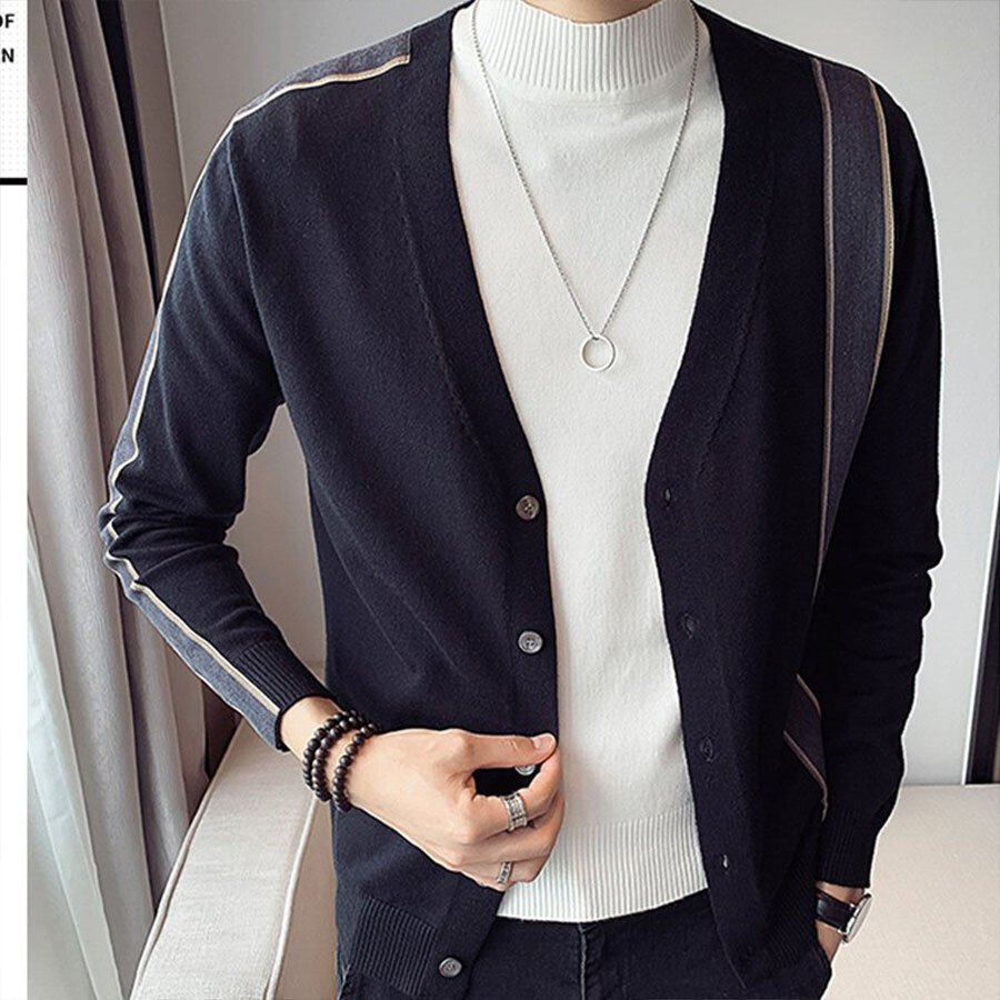 Men's Casual Knitted Cardigan Top Black L