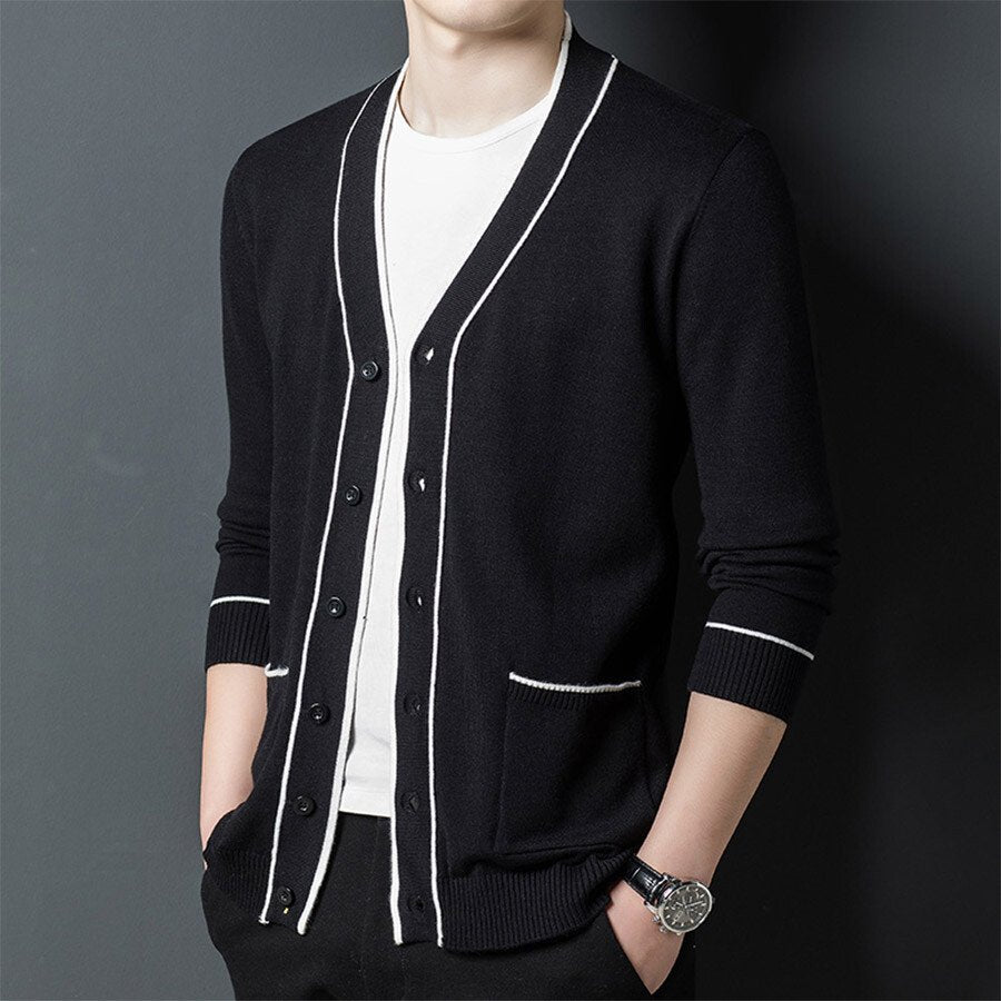 Men's Casual Knitted Cardigan Top Black 2XL