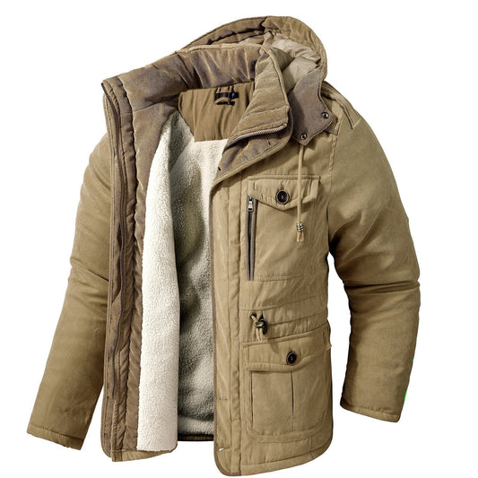 Mens Cashmere Hooded Thickened Multi Pocket Coat Padded Jacket