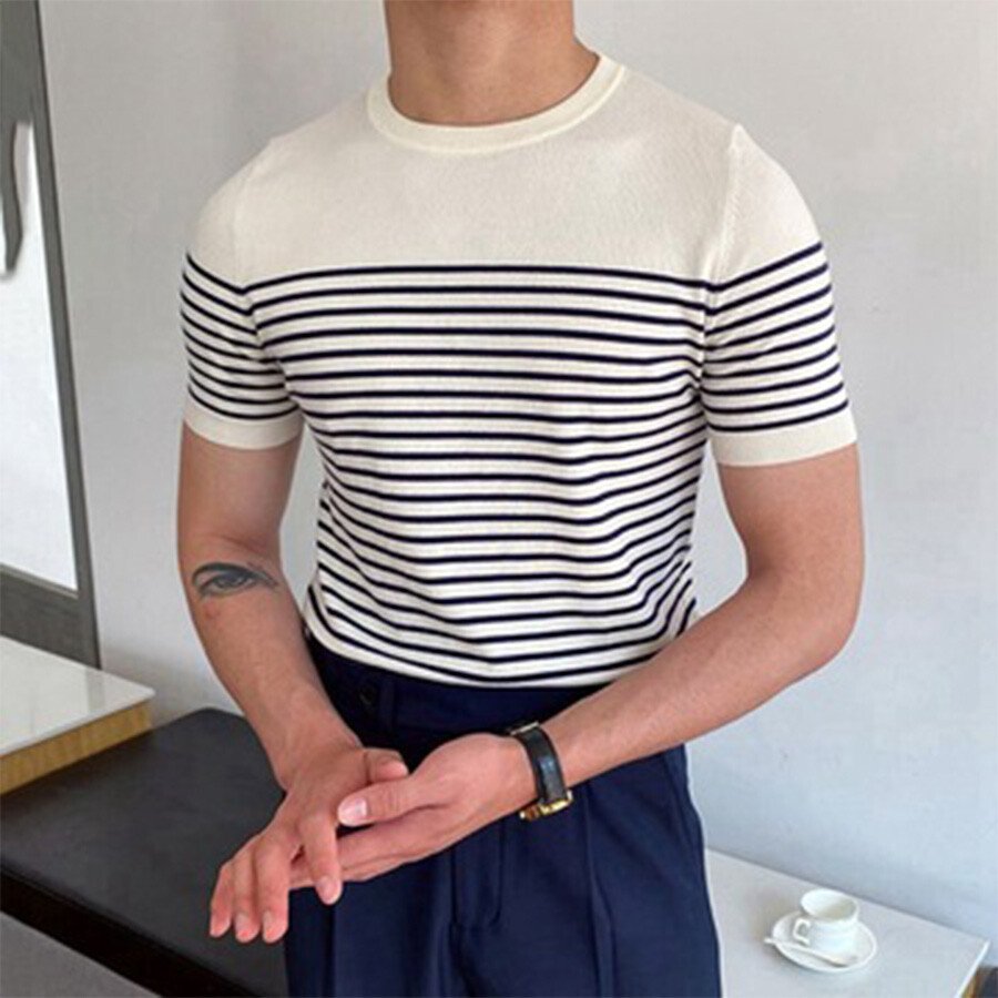 Men's Striped Round Neck Short Sleeve Knit T-shirt White L