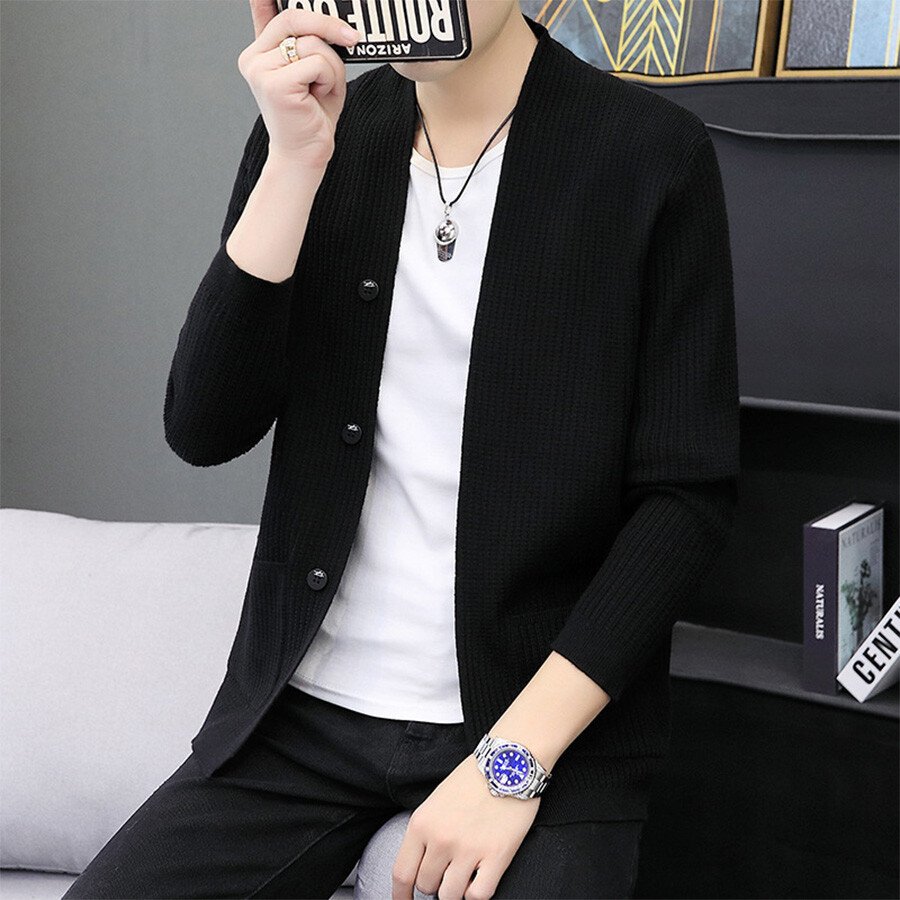 Men's Casual Knitted Cardigan Top Black M
