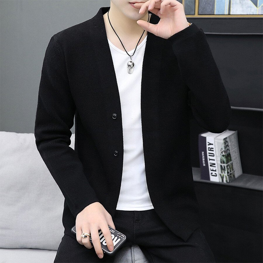 Men's Casual Knitted Cardigan Top Black M