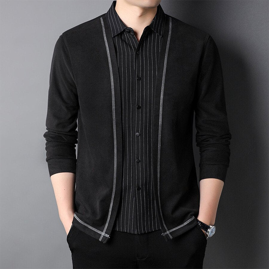 Men's Casual Knitted =Cardigan Fake Two-Piece Top Black M