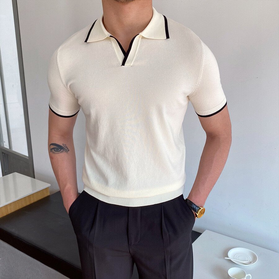 Men's Casual Striped Short Sleeve Knit T-Shirt White M