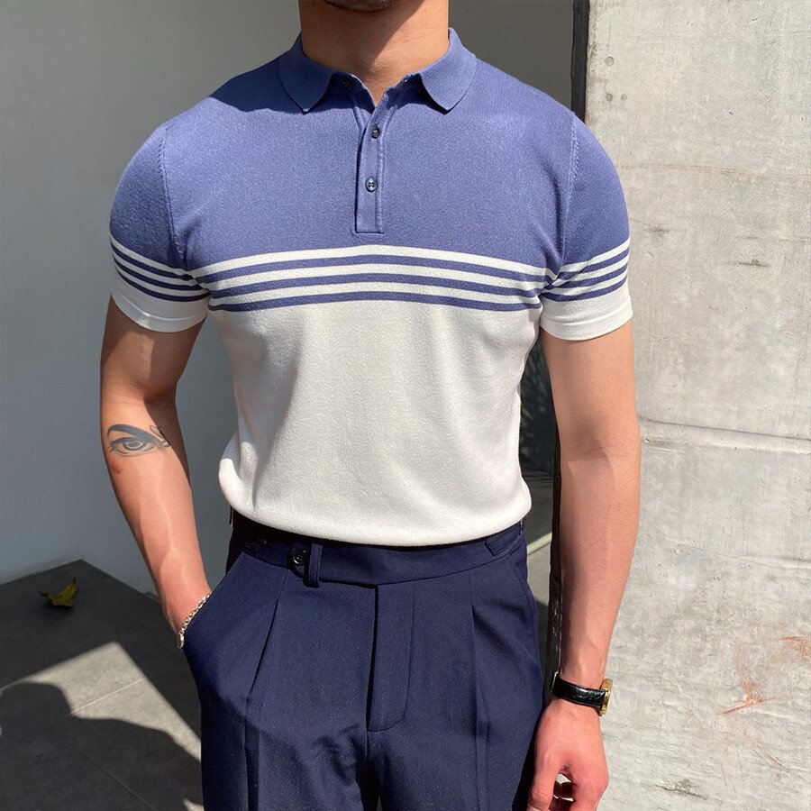 Men's Casual Striped Colorblock Short Sleeve Knit T-Shirt Black XL