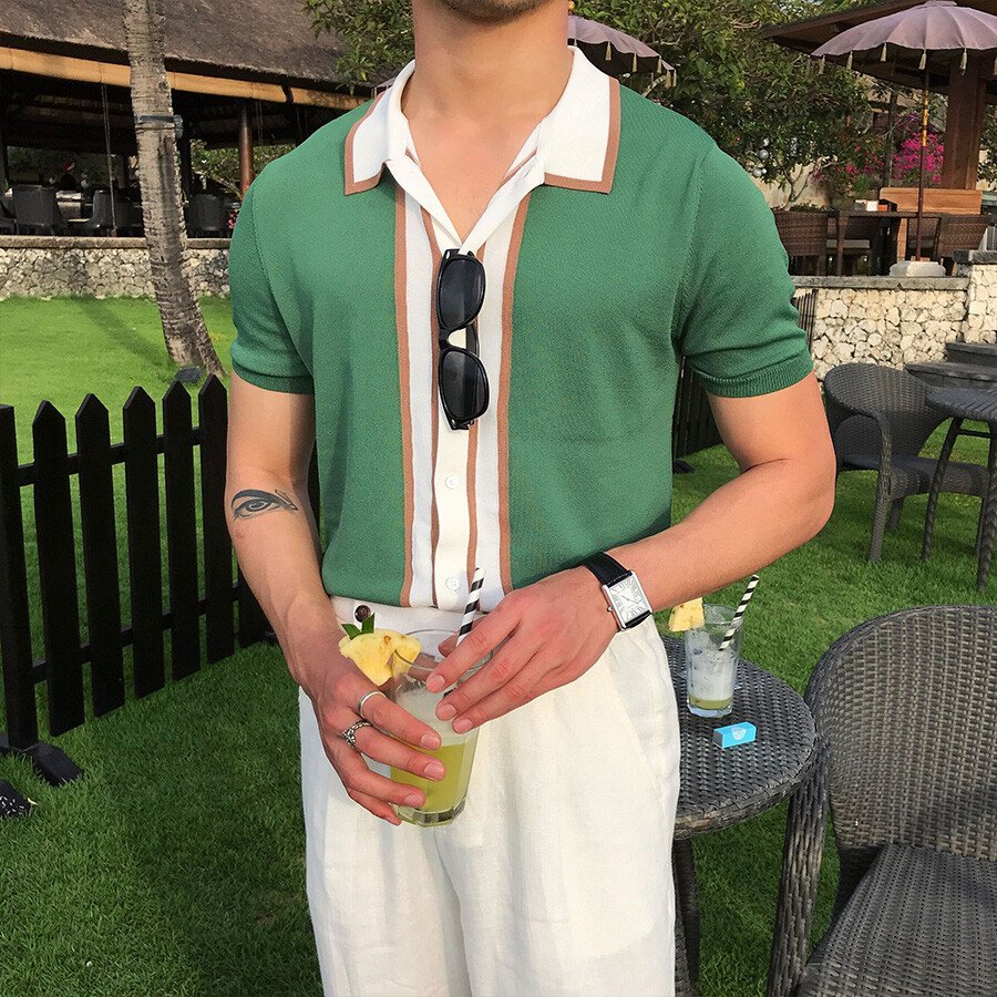 Men's Casual Striped Colorblock Short Sleeve Knit T-Shirt Black L