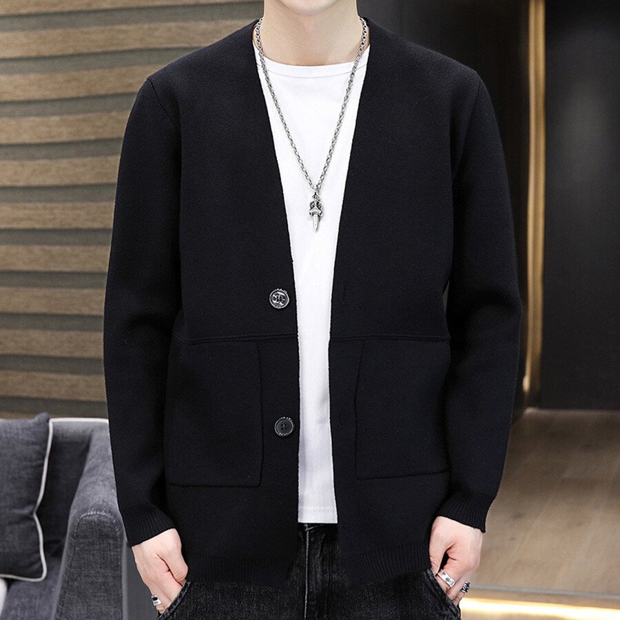 Men's Casual Knitted Cardigan Top Black L