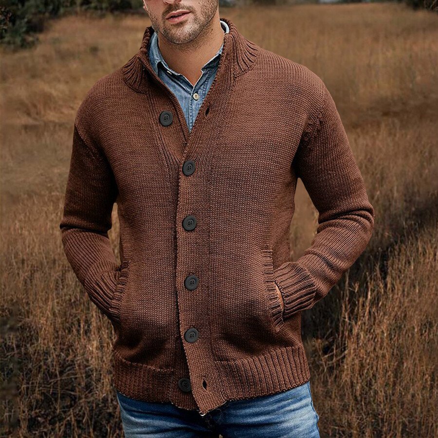 Men's Casual Solid Color Sweater Cardigan Jacket Brown XL