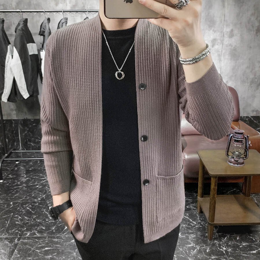 Men's Casual Knitted Cardigan Top Black L