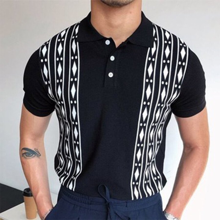 Men's Jacquard Short-Sleeved Sweater T-Shirt Black S