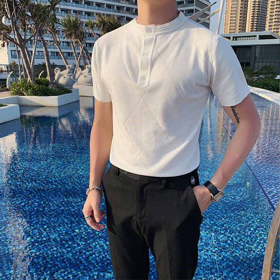 Men's Solid Color Short-Sleeved Sweater T-Shirt Black L