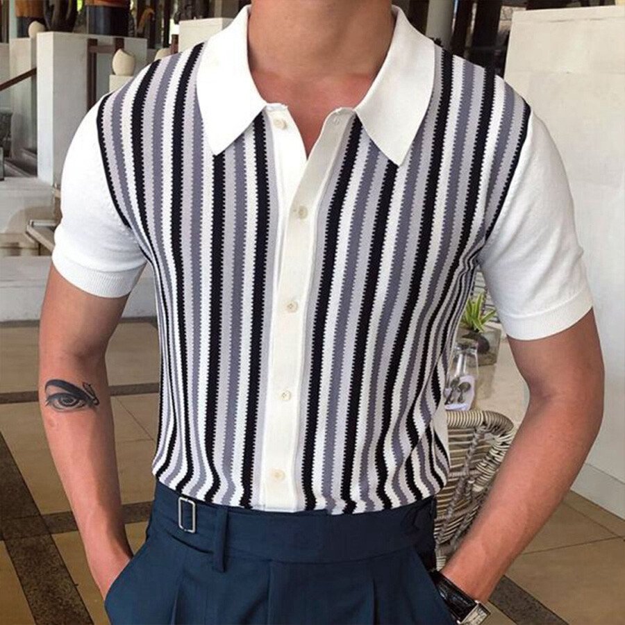 Men's Casual Striped Colorblock Short Sleeve Knit T-Shirt White S