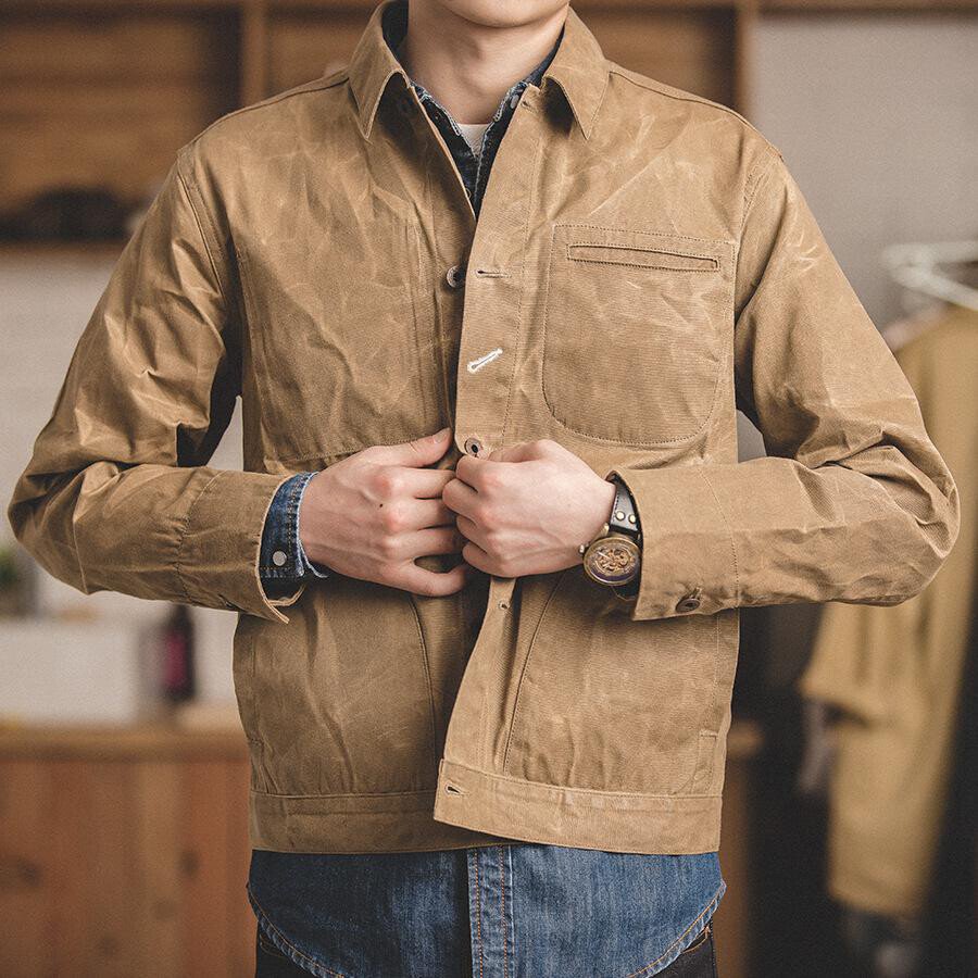 Men's Casual Solid Color Pocket Jacket Khaki M