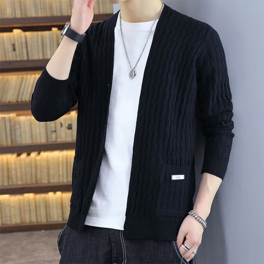 Men's Casual Knitted Cardigan Top Black M
