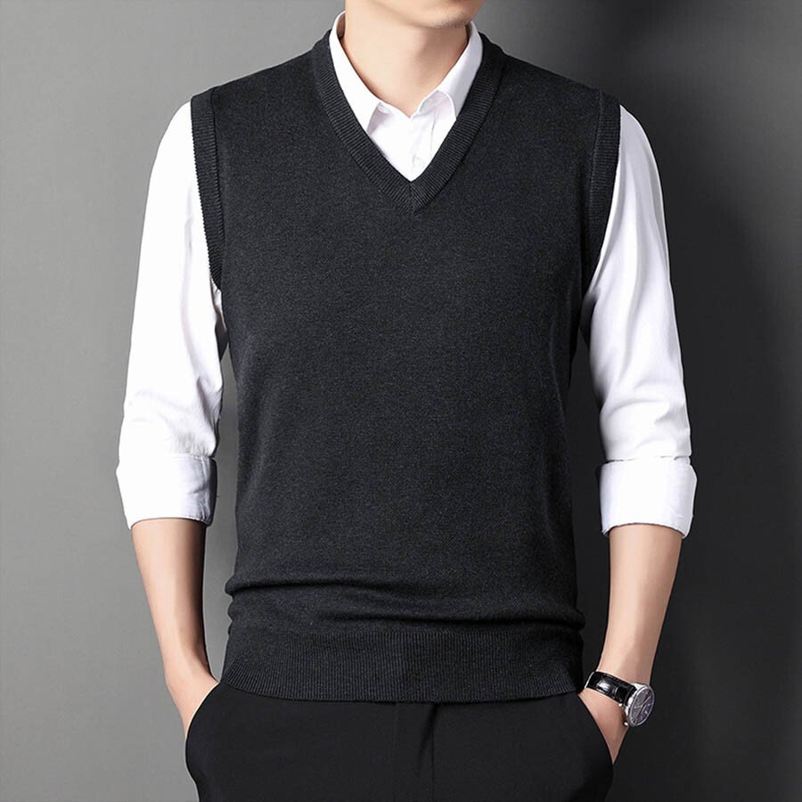 Men's Casual V-Neck Waistcoat Sweater Knit Sweater Red M