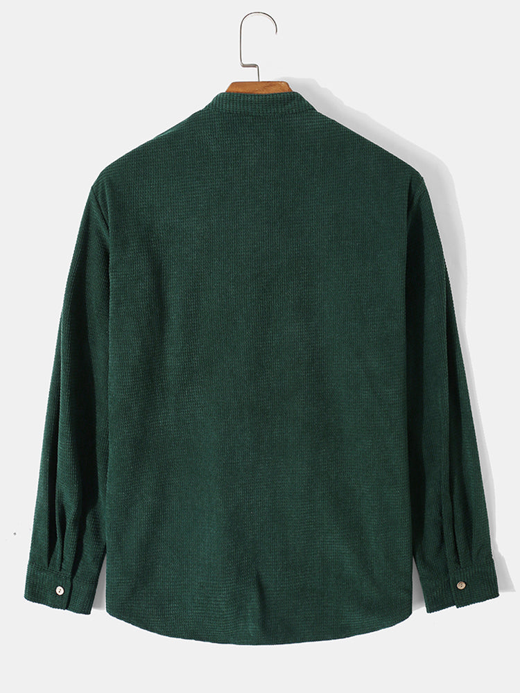 Mens Pure Color Stand Collar Corduroy Casual Long Sleeve Shirts
