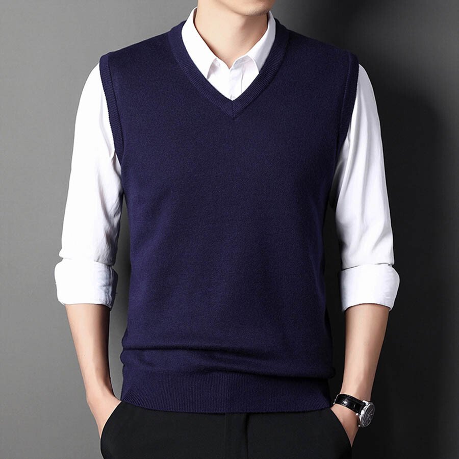 Men's Casual V-Neck Waistcoat Sweater Knit Sweater Black 2XL