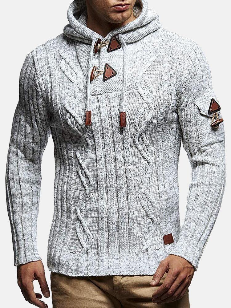 Mens Cable Knitted Toggle Front Warm Hooded Sweaters
